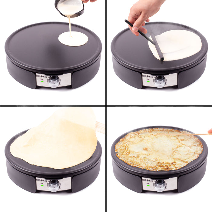 Duronic PM152 crepe/pancake maker how to make crispy pancakes step by step instructions with attachments