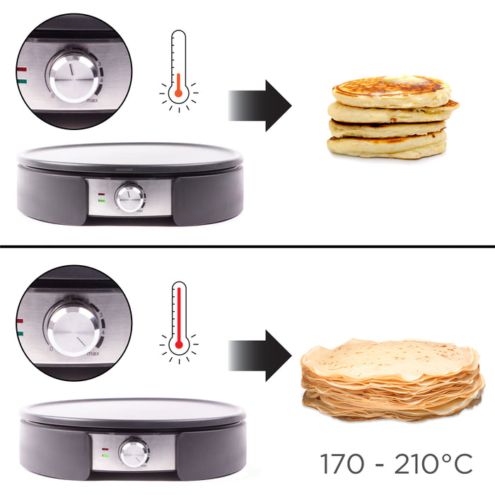 Duronic PM152 pancake/crepe maker temperature dial to make either fluffy pancakes or crispy delicious crepes