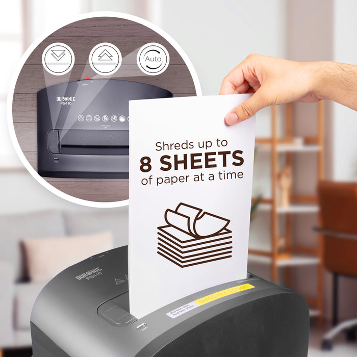 Duronic PS410 electric paper shredder showing that it can shred up to 8 sheets of paper at a time