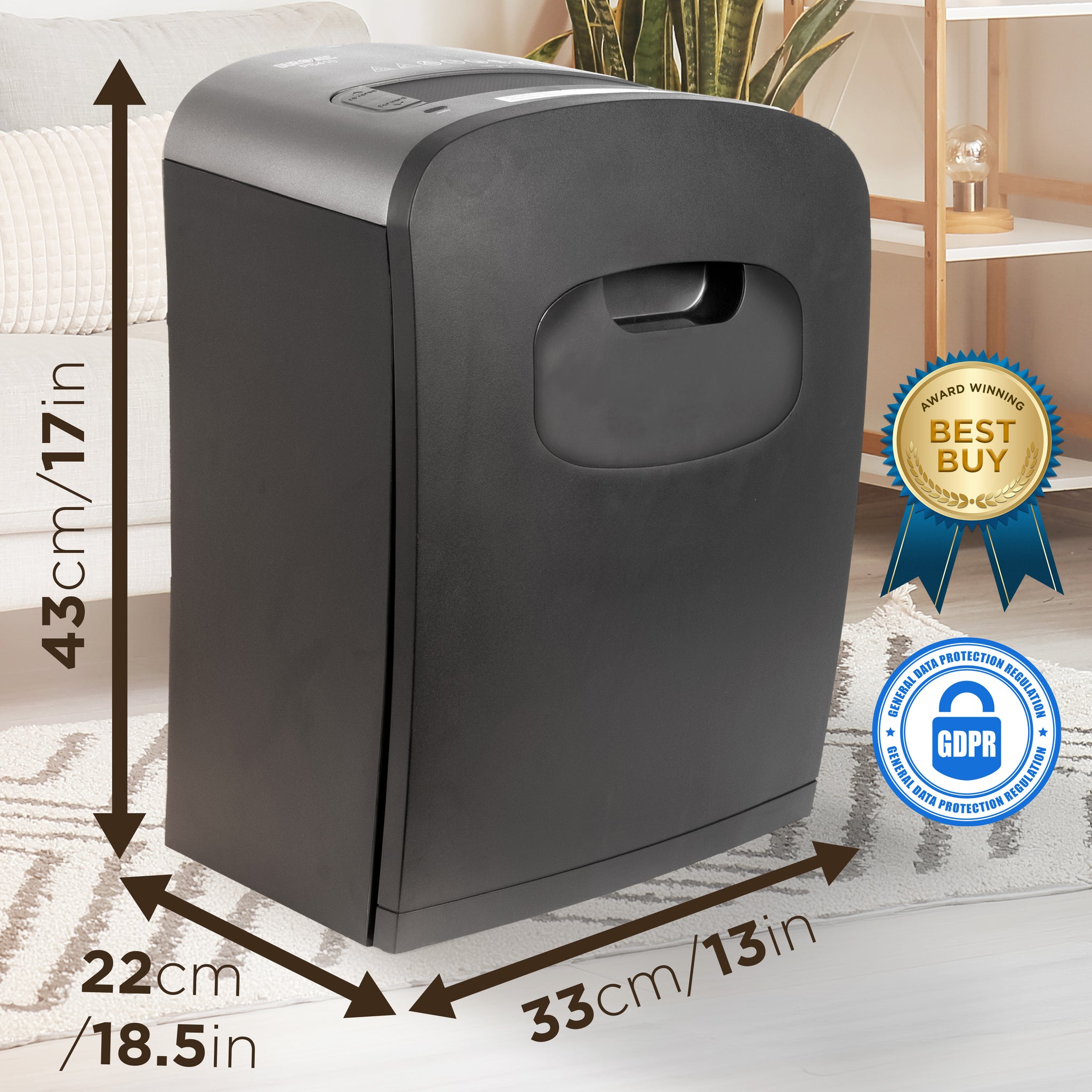 Duronic PS410 micro cut paper shredder award winning best buy GDPR compliant dimensions of length, height, width