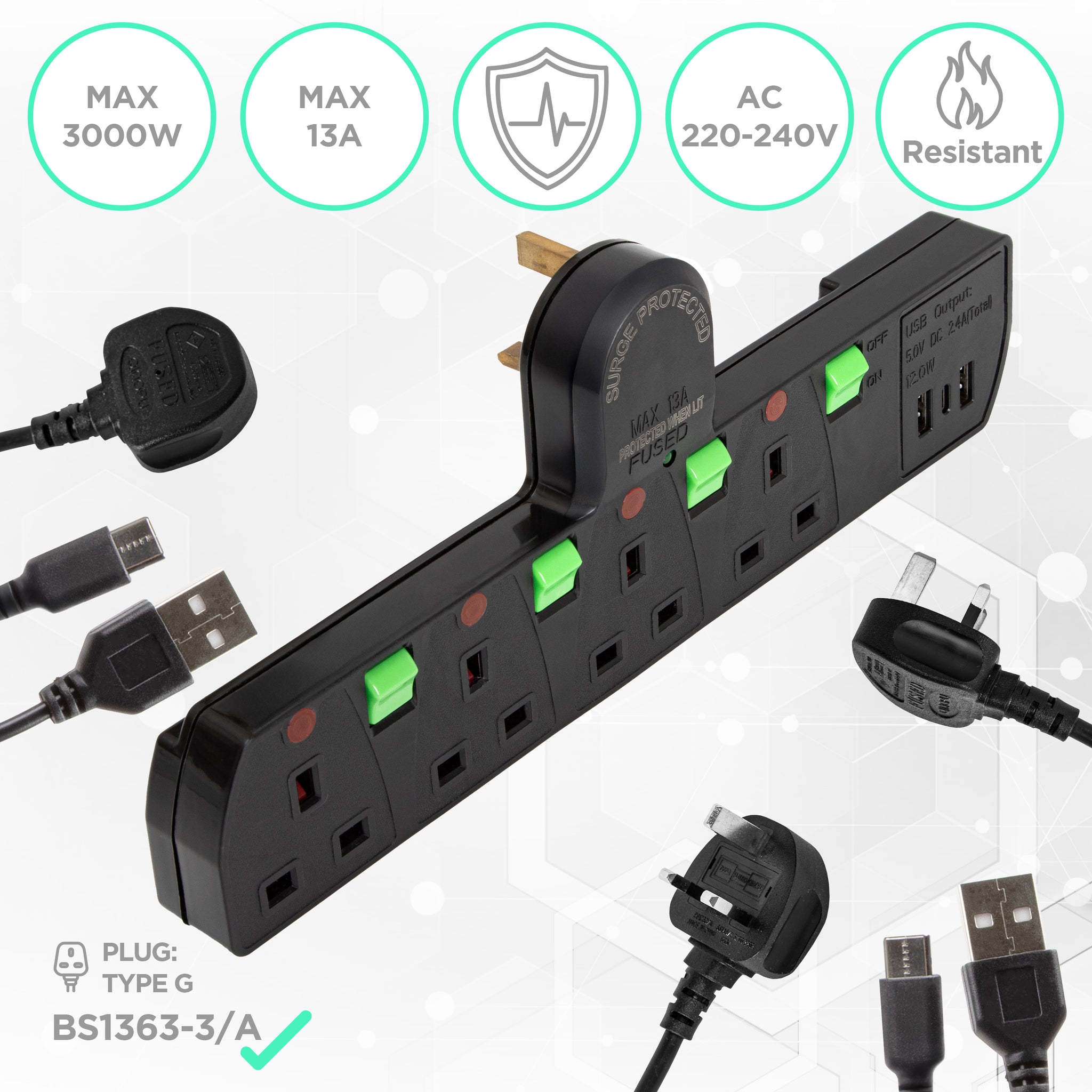 Duronic Plug Adapter with USB ports, individual switches, and UK plugs.