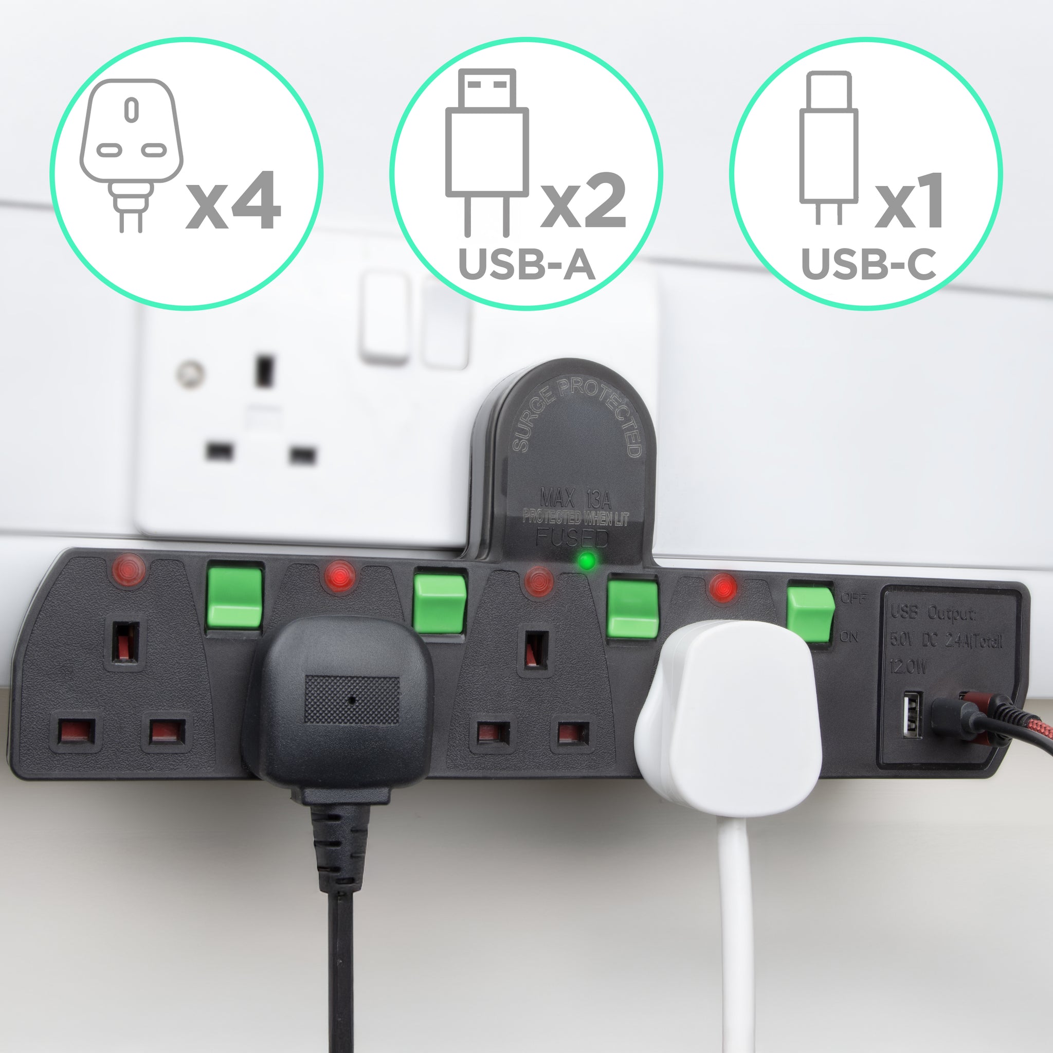 Duronic Plug Adapter with individual green switches, red neon indicators, and USB ports.