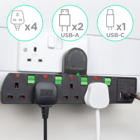 Duronic Plug Adapter with individual green switches, red neon indicators, and USB ports.