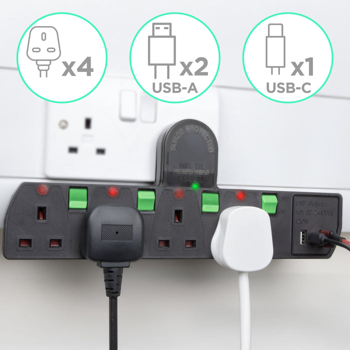 Duronic Plug Adapter with individual green switches, red neon indicators, and USB ports.