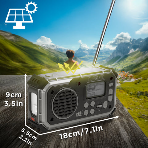 Duronic Portable DAB Radio with product dimension and solar charging