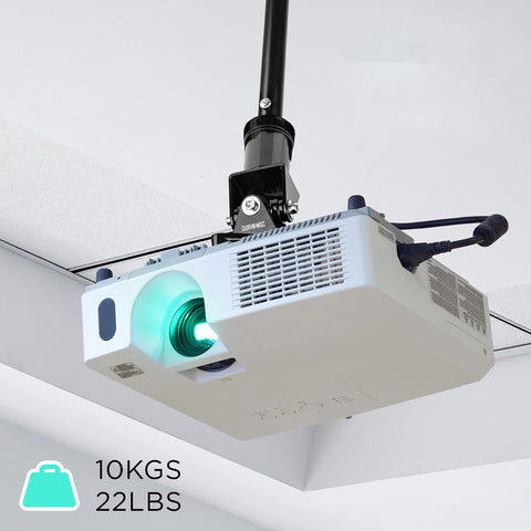 Duronic Projector Mount Stand holding a white projector with twenty two pounds weight capacity.