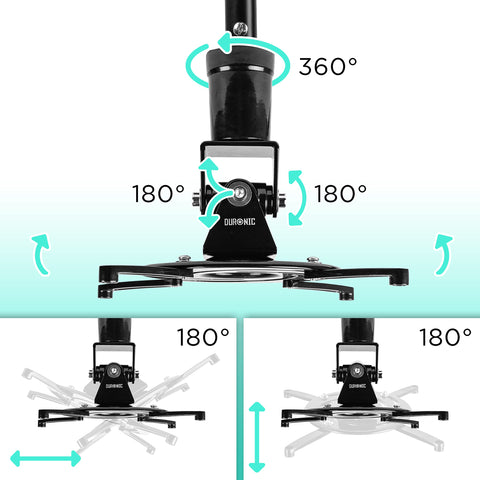 Duronic Projector Mount Stand showcasing 360-degree rotation, 180-degree tilt, and multi-directional adjustment features.