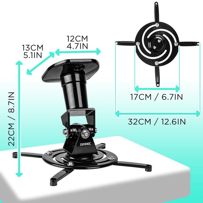 Duronic Projector Mount Stand showing product dimensions in centimeters and inches.