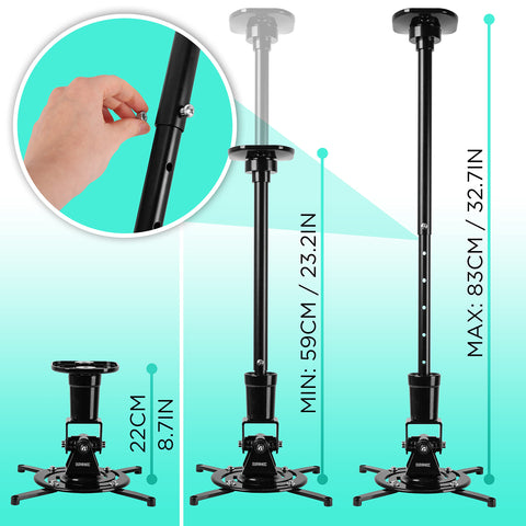 Duronic Projector Mount Stand showing three distinct height configurations from 8.7 to 32.7 inches.