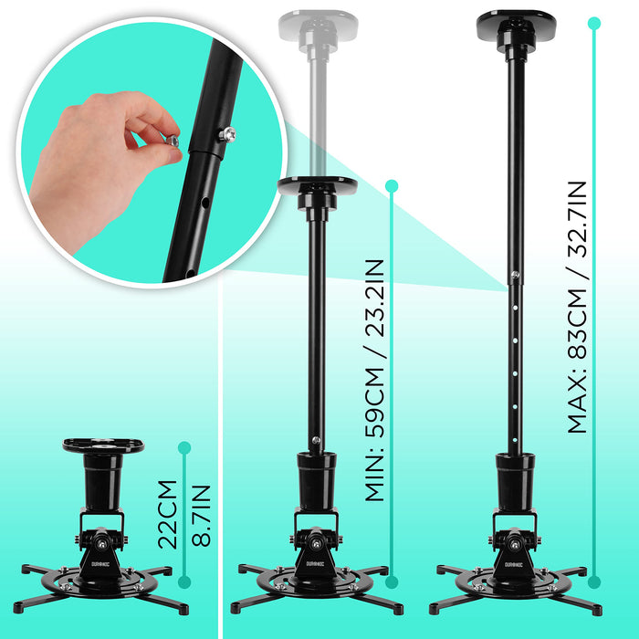 Duronic Projector Mount Stand showing three distinct height configurations from 8.7 to 32.7 inches.