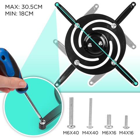 Duronic Projector Mount showing adjustable arms with included M4 and M6 screws and screwdriver.