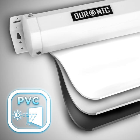 Duronic Projector Screen featuring its multi-layered PVC construction with a black backing to prevent light penetration for enhanced image clarity.