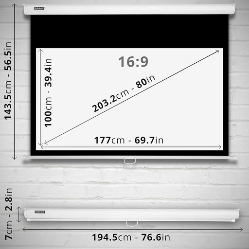 Duronic Projector Screen showing a viewing area of 177cm by 100cm and a total casing width of 194.5cm.
