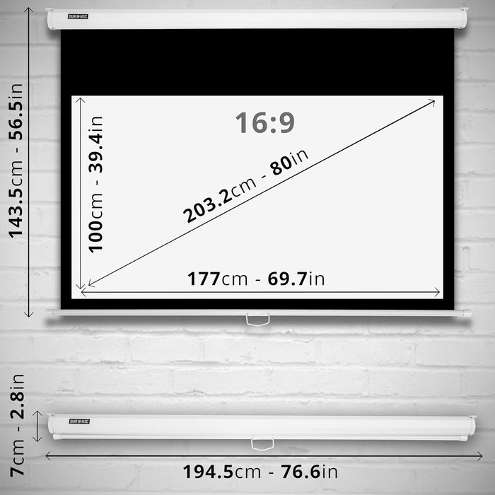 Duronic Projector Screen showing a viewing area of 177cm by 100cm and a total casing width of 194.5cm.