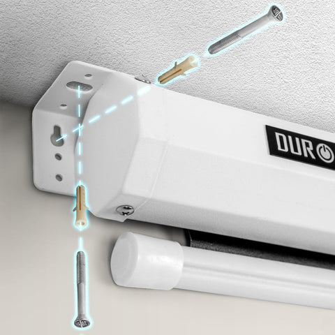 Duronic Projector Screen showing how to mount a white Duro projector screen to a wall or ceiling using the included screws and plastic wall anchors.