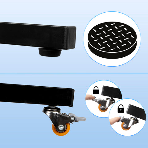 Duronic Projector Screen with  Product feature comparison showing interchangeable options between non-slip rubber leveling feet and 360-degree swivel casters with locking brakes for customizable stability and mobility.