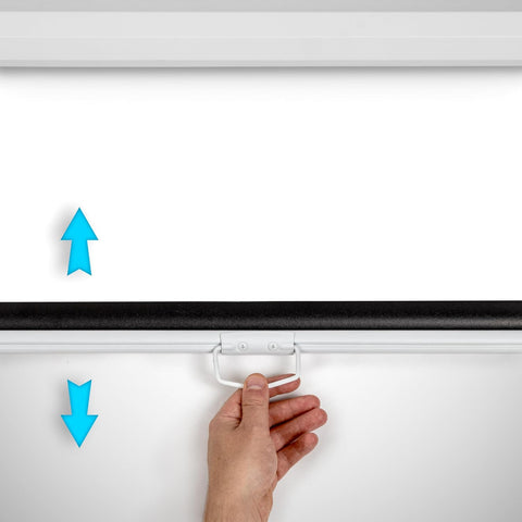 Duronic Projector Screen with blue arrows indicating the upward and downward motion of the display.