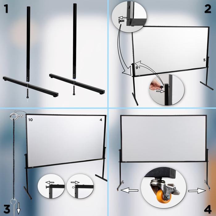 Duronic Projector Screen with four-step assembly diagram
