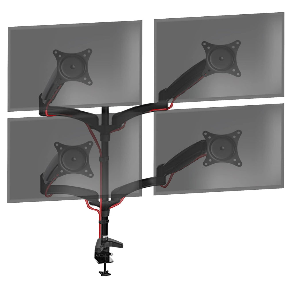Duronic Quad Monitor Arm Stand featuring four adjustable gas spring arms and integrated cable management.