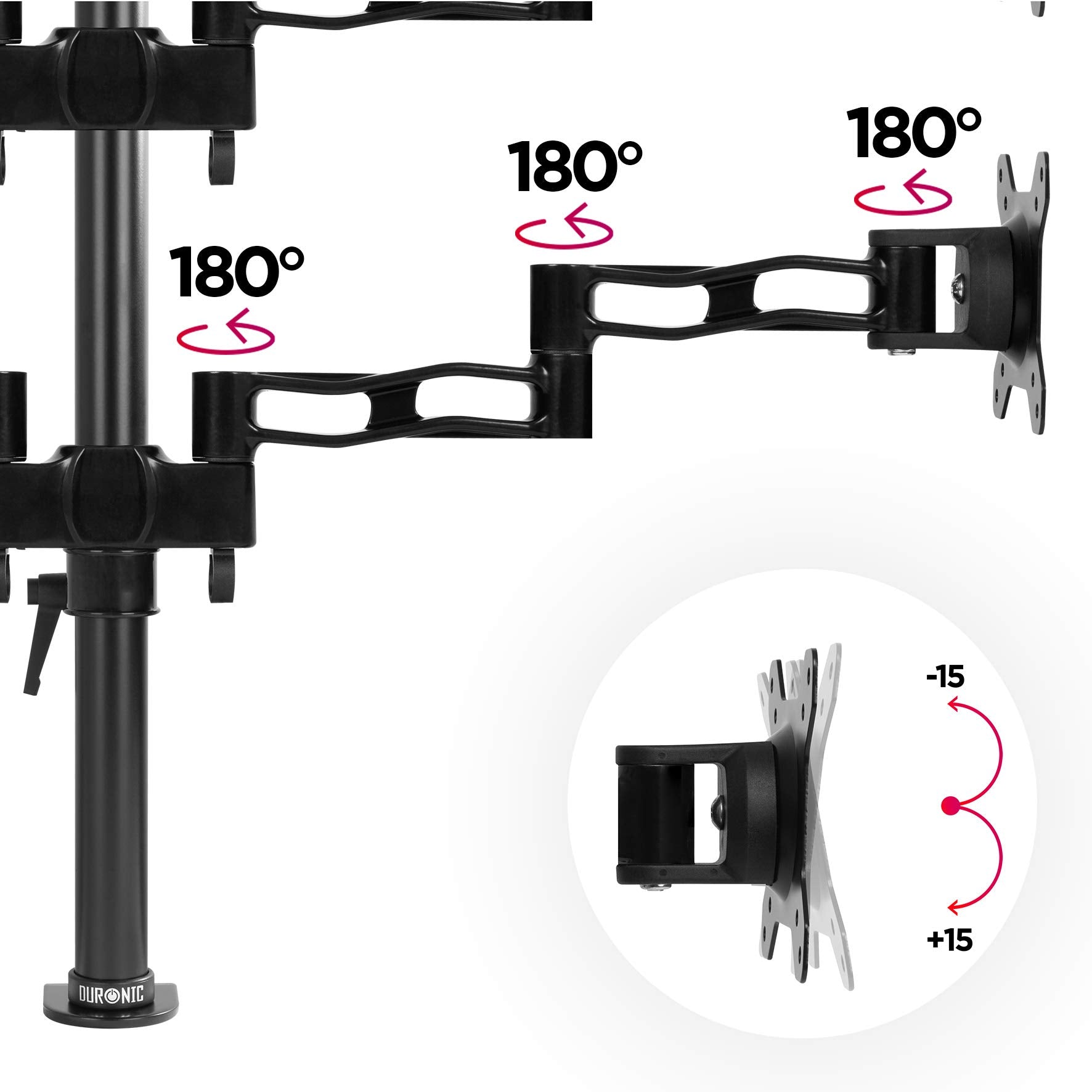 Duronic Quad Monitor Arm Stand showing 180-degree swivel joints and vertical tilt adjustment.