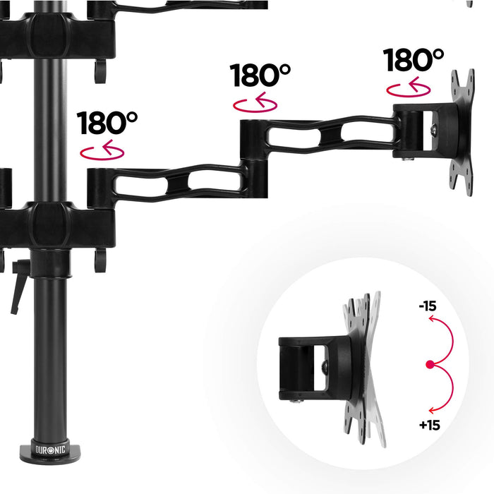 Duronic Quad Monitor Arm Stand showing 180-degree swivel joints and vertical tilt adjustment.