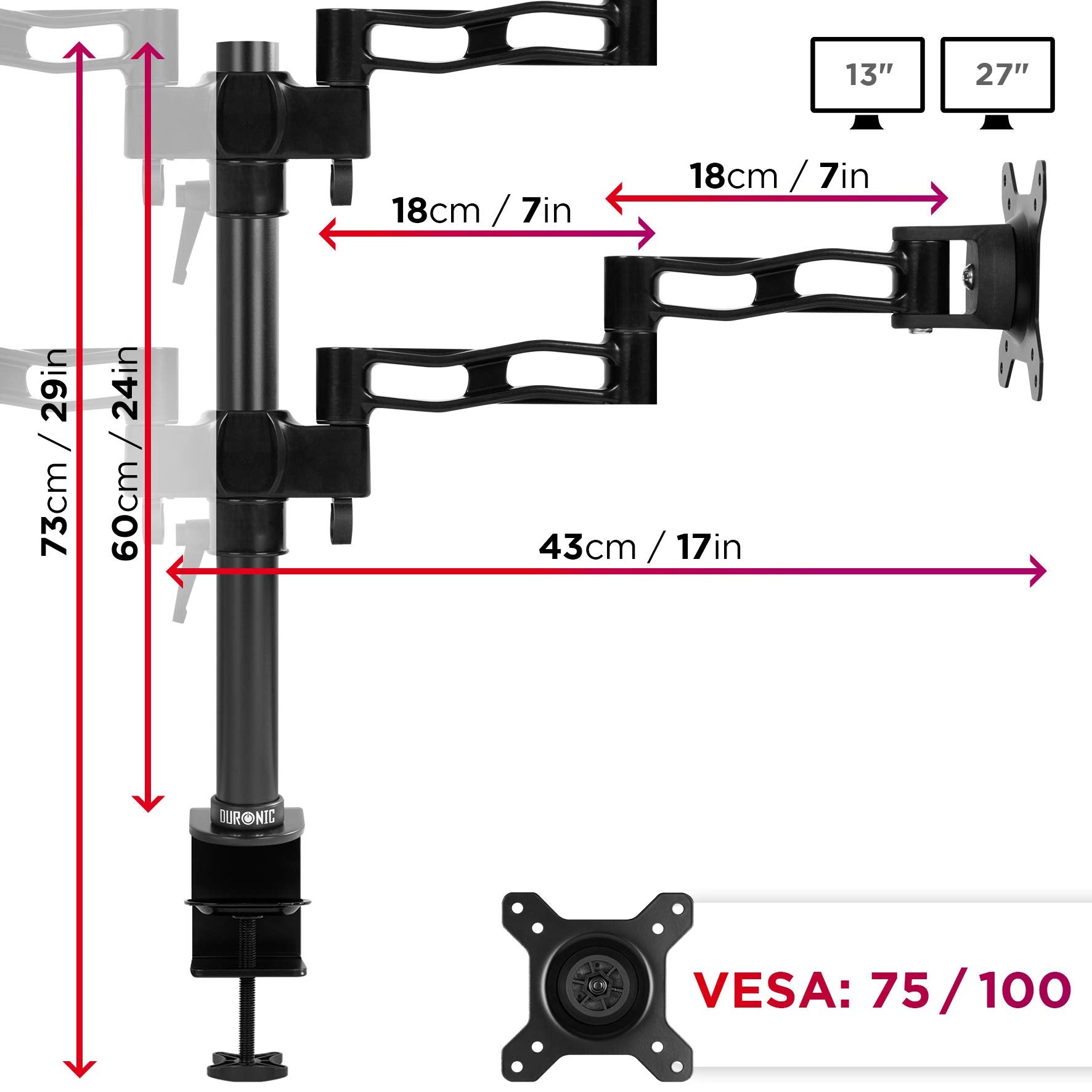 Duronic Quad Monitor Arm Stand showing dimensions and VESA compatibility for an adjustable single monitor desk mount arm.