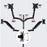 Duronic Quad Monitor Arm Stand showing full articulation, rotation, swivel, and tilt angles for adjustment.