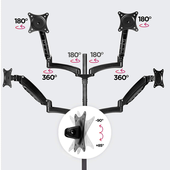 Duronic Quad Monitor Arm Stand showing full articulation, rotation, swivel, and tilt angles for adjustment.