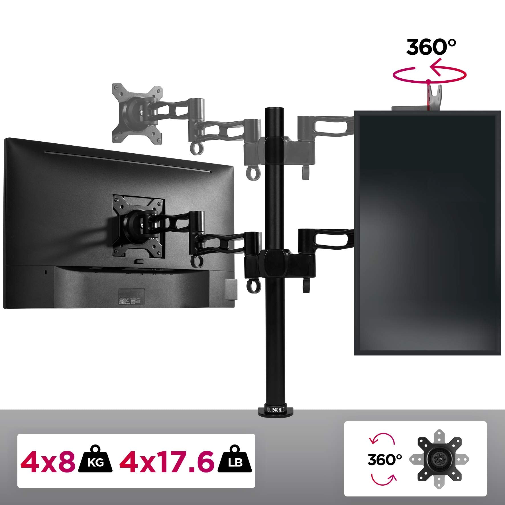 Duronic Quad Monitor Arm Stand supporting multiple screens, showing portrait rotation and weight capacity details.