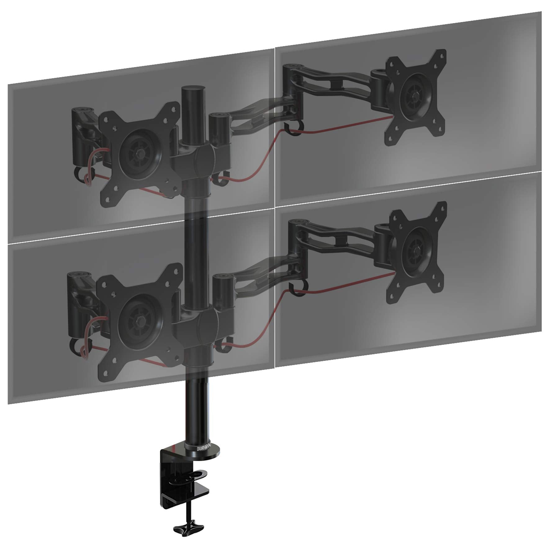 Duronic Quad Monitor Arm Stand with four adjustable arms and a secure C-clamp base.