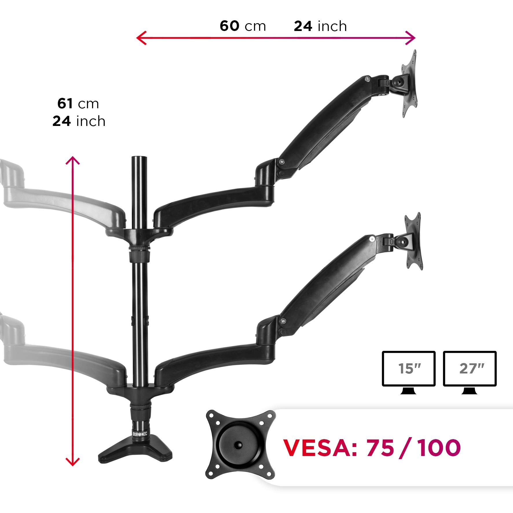 Duronic Quad Monitor Arm Stand with measurements, VESA 75/100 compatibility, and 15