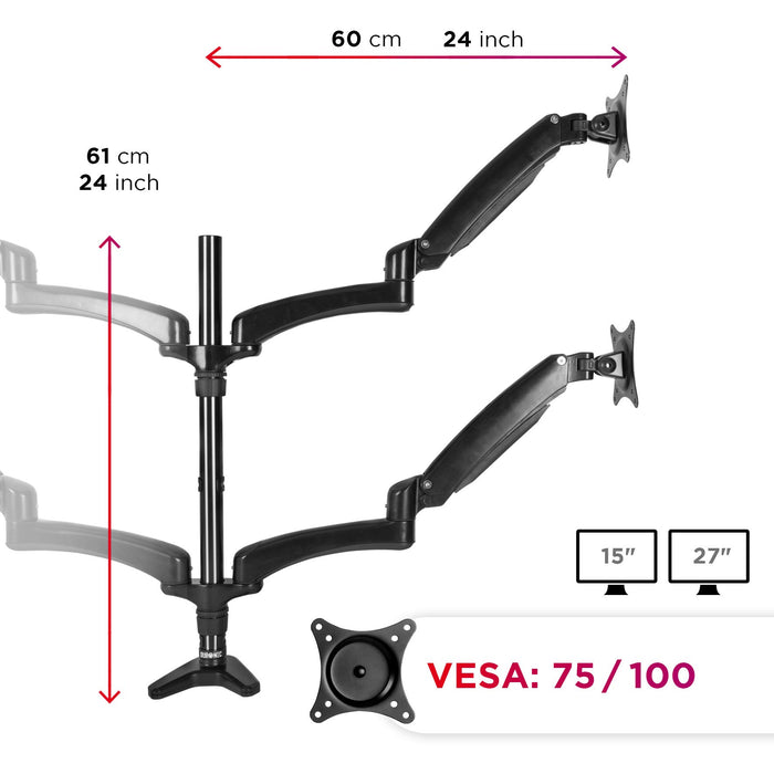 Duronic Quad Monitor Arm Stand with measurements, VESA 75/100 compatibility, and 15" to 27" screen support.