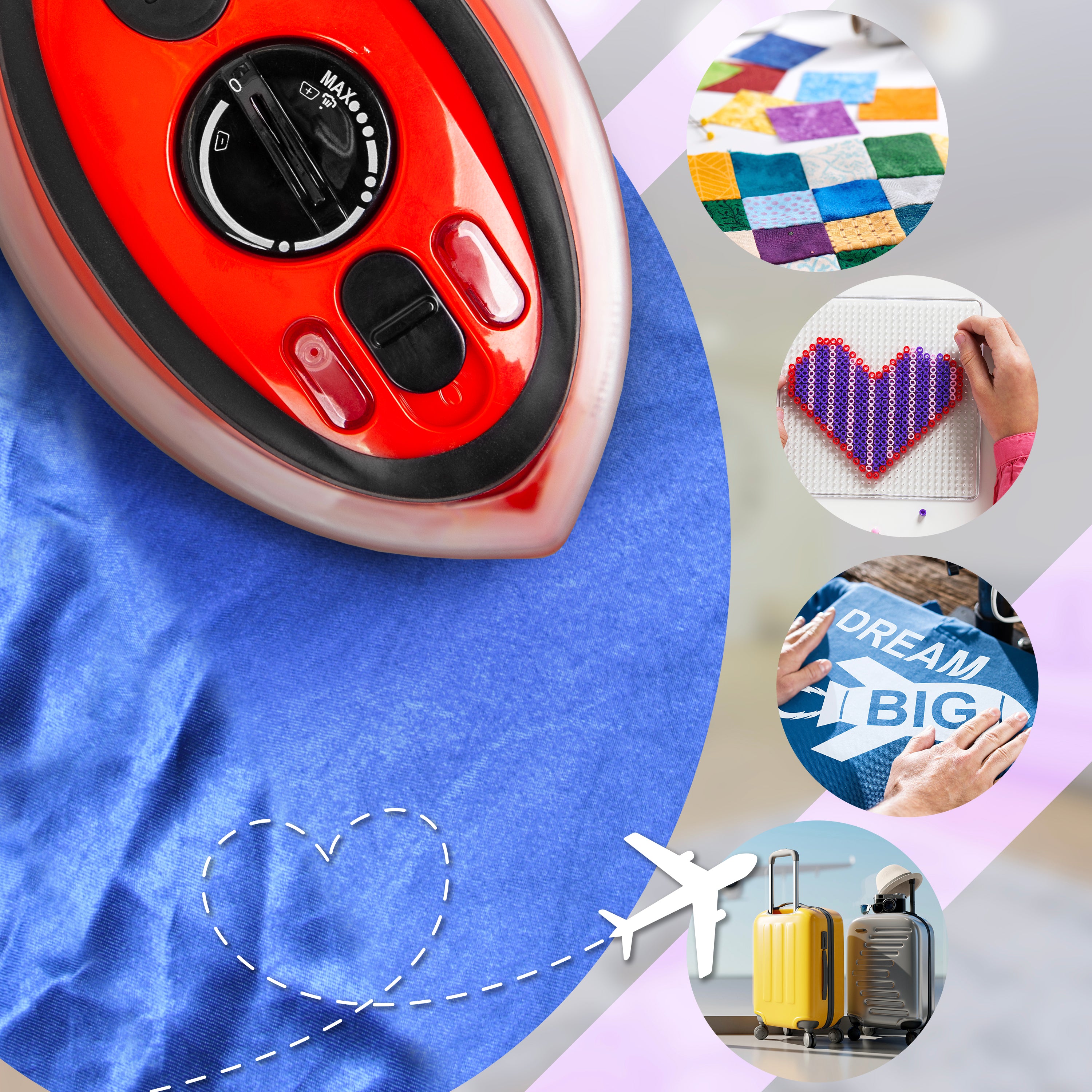 Duronic Red Travel Iron shown alongside lifestyle circles featuring quilting, bead crafts, iron-on transfers, and travel luggage to highlight its versatility for crafting and travel.