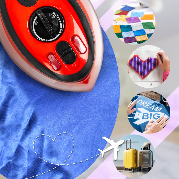 Duronic Red Travel Iron shown alongside lifestyle circles featuring quilting, bead crafts, iron-on transfers, and travel luggage to highlight its versatility for crafting and travel.