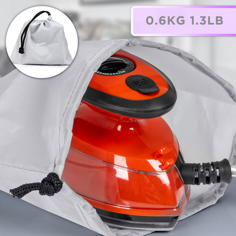 Duronic Red Travel Iron weighing 1.3 lbs is shown being tucked into its gray drawstring storage bag.