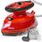 Duronic Red Travel Iron with its travel pouch, measuring cup, and resting base.