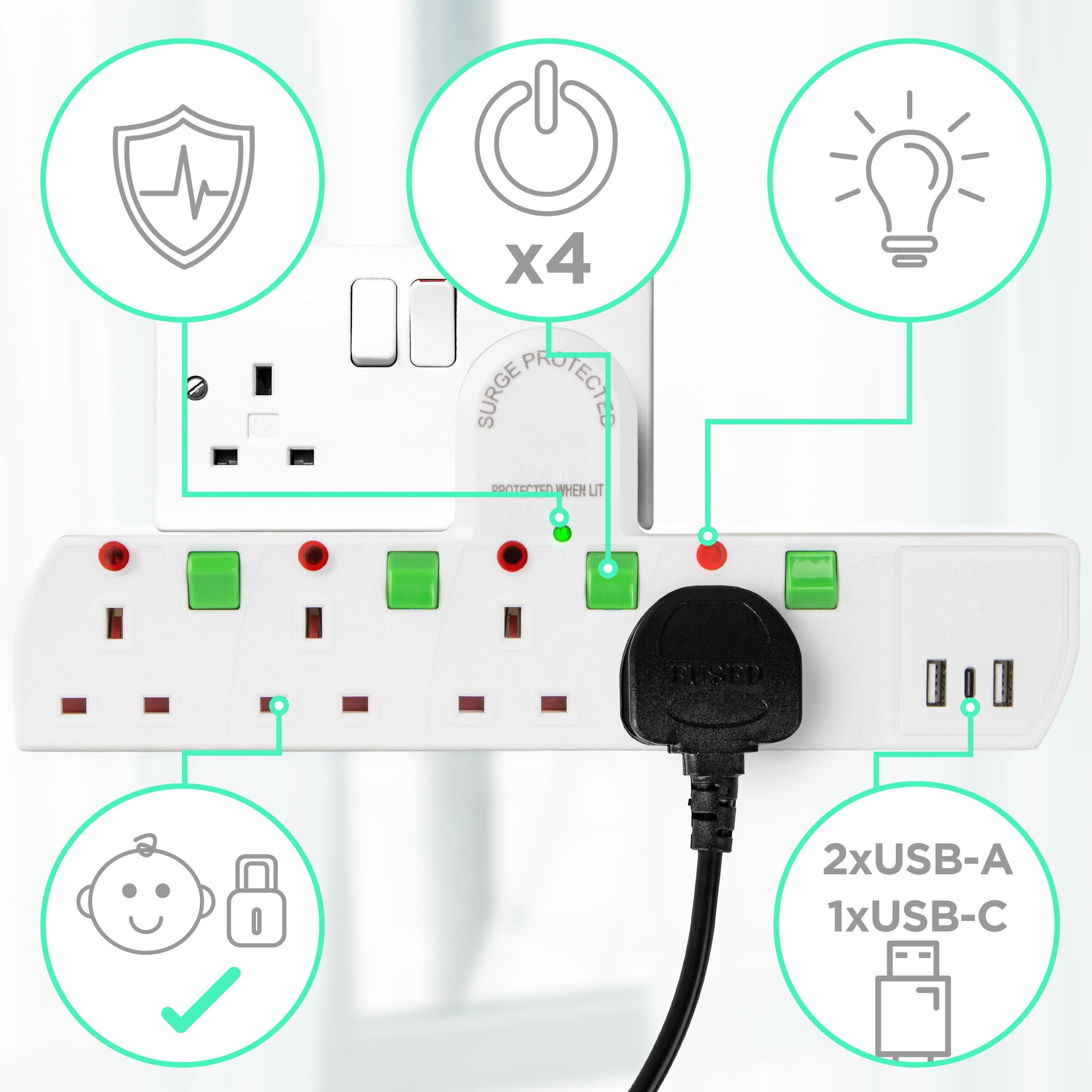Duronic S125W electric extension lead with USB child-safe sockets surge protected 4 UK plug sockets and 2x USB-A and 1x USB-C switches