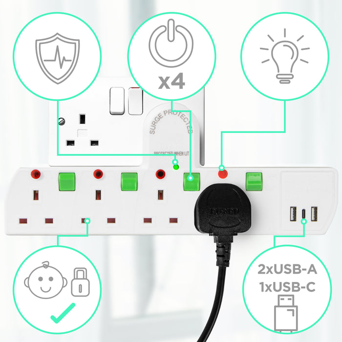 Duronic S125W electric extension lead with USB child-safe sockets surge protected 4 UK plug sockets and 2x USB-A and 1x USB-C switches
