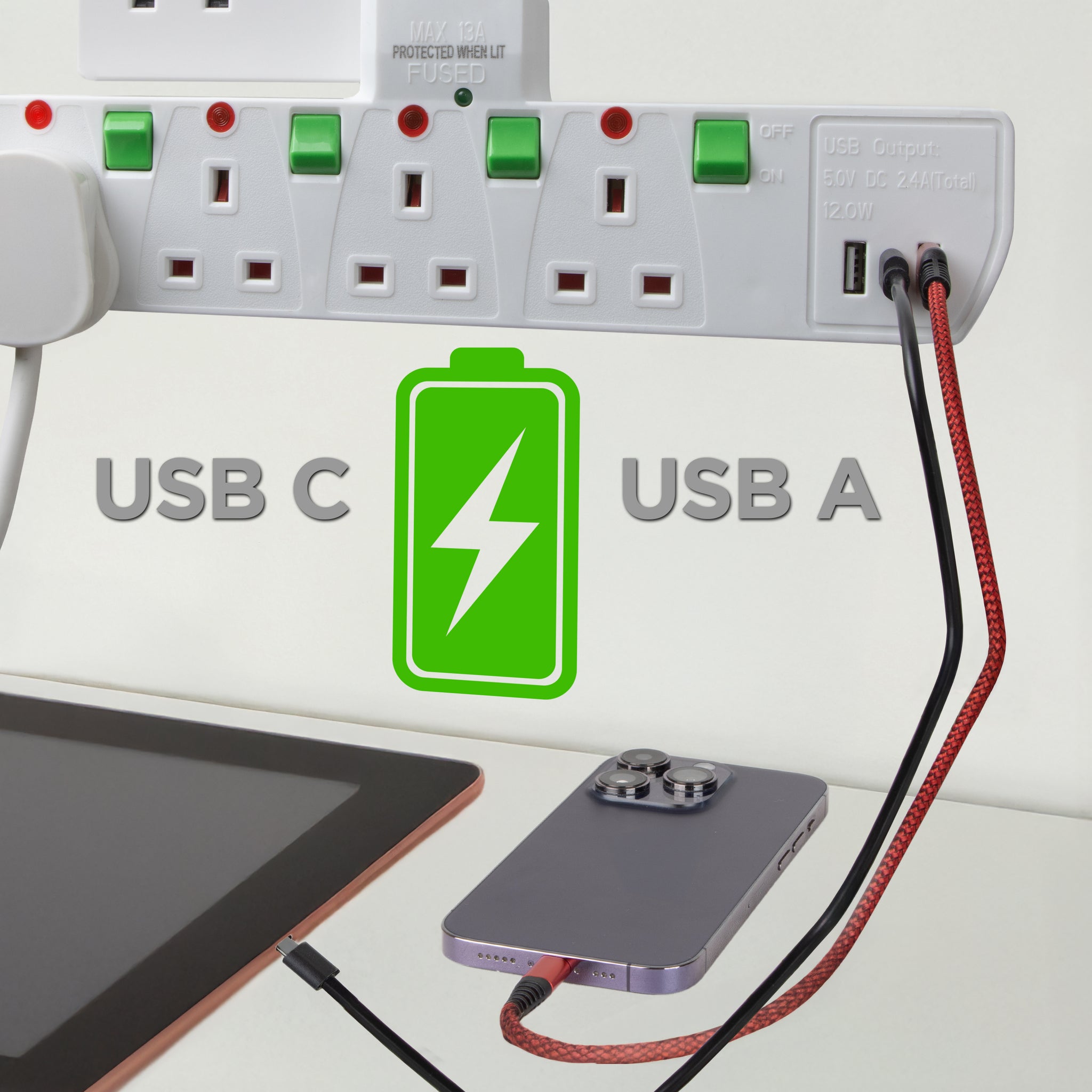 Duronic S125W electric surge protected extension lead with USB showing iPhone phone charging with USB cable