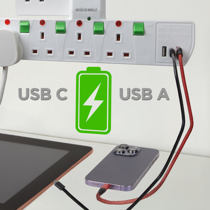 Duronic S125W electric surge protected extension lead with USB showing iPhone phone charging with USB cable