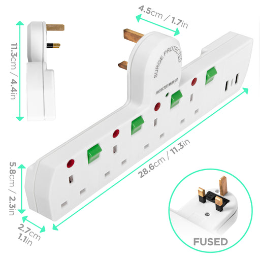 Duronic S125W surge protected extension lead with USB dimensions length, height, width sockets for UK plugs