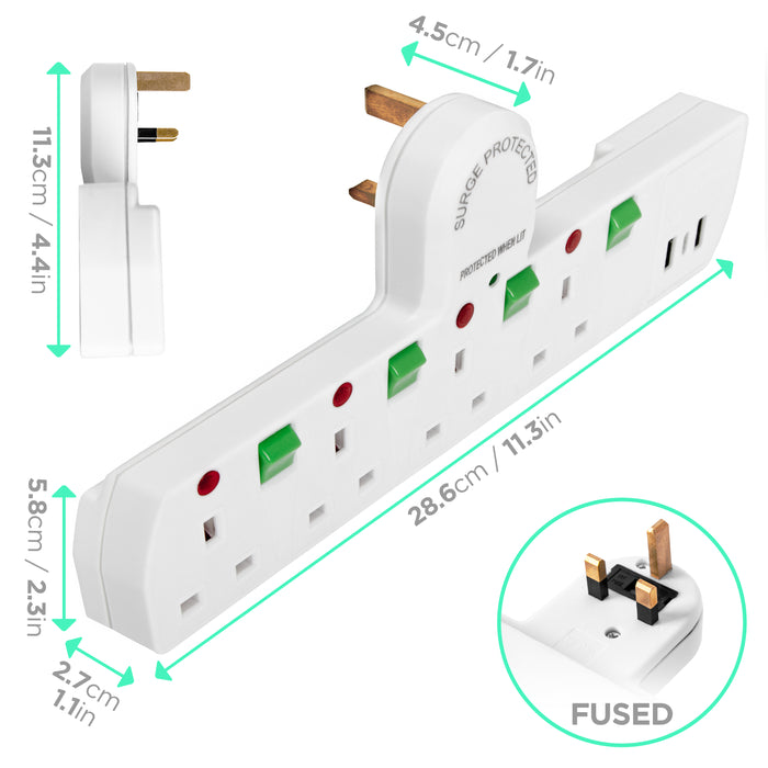 Duronic S125W surge protected extension lead with USB dimensions length, height, width sockets for UK plugs