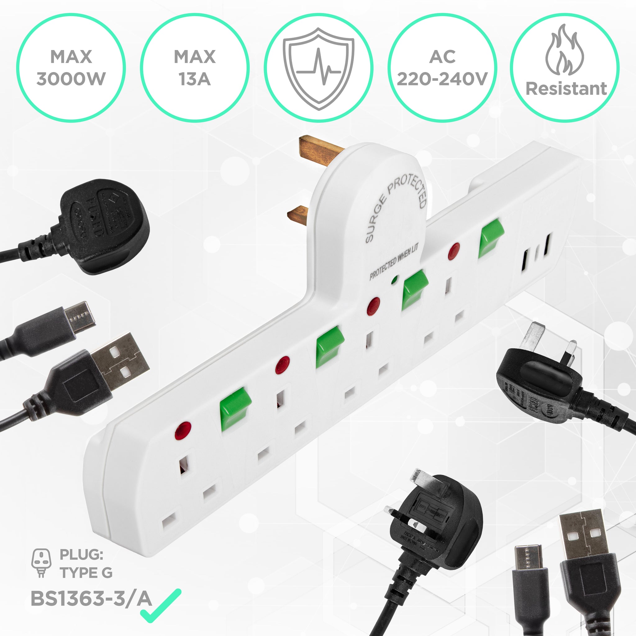 Duronic S125W surge protected extension lead with USB max wattage 3000W flame resistant for UK plugs