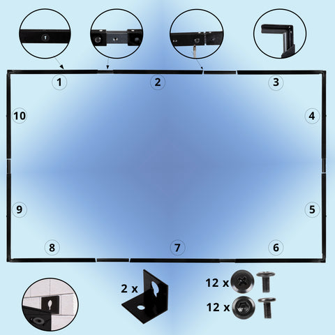 Duronic SFPS100 Projector Screens An assembly diagram shows the numbered components and hardware including 24 screws and two mounting brackets required to build a rectangular black metal frame.