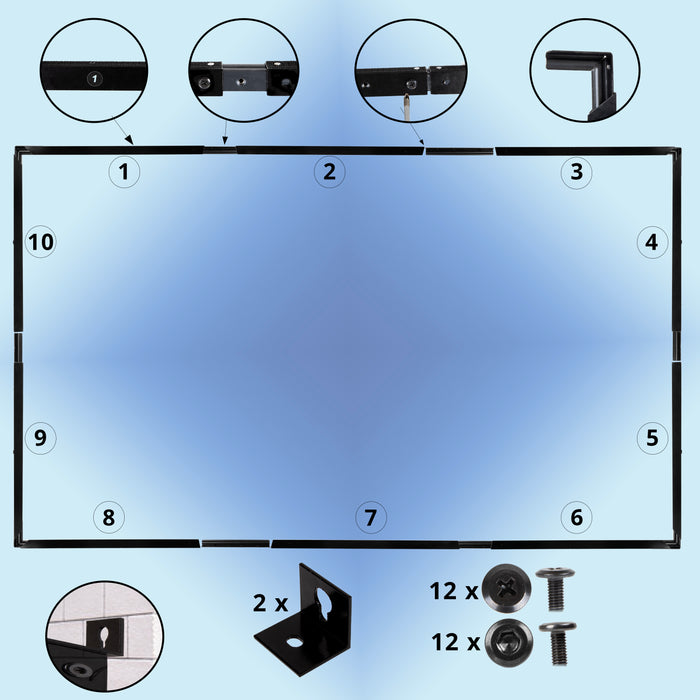 Duronic SFPS100 Projector Screens An assembly diagram shows the numbered components and hardware including 24 screws and two mounting brackets required to build a rectangular black metal frame.