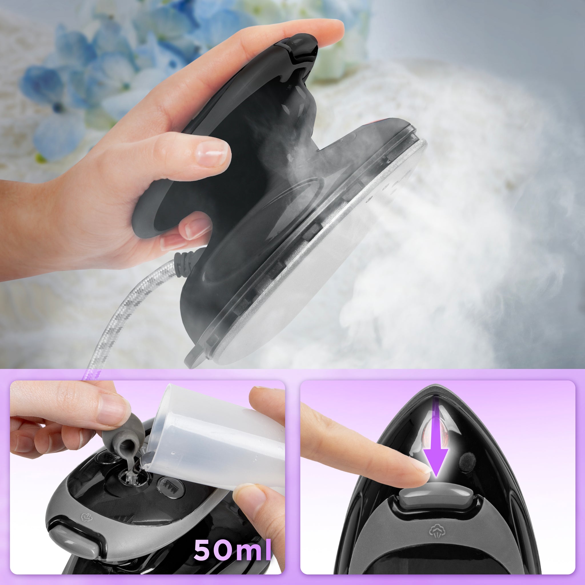 Duronic SI2 BK black travel steamer with 50ml water tank capacity steam function