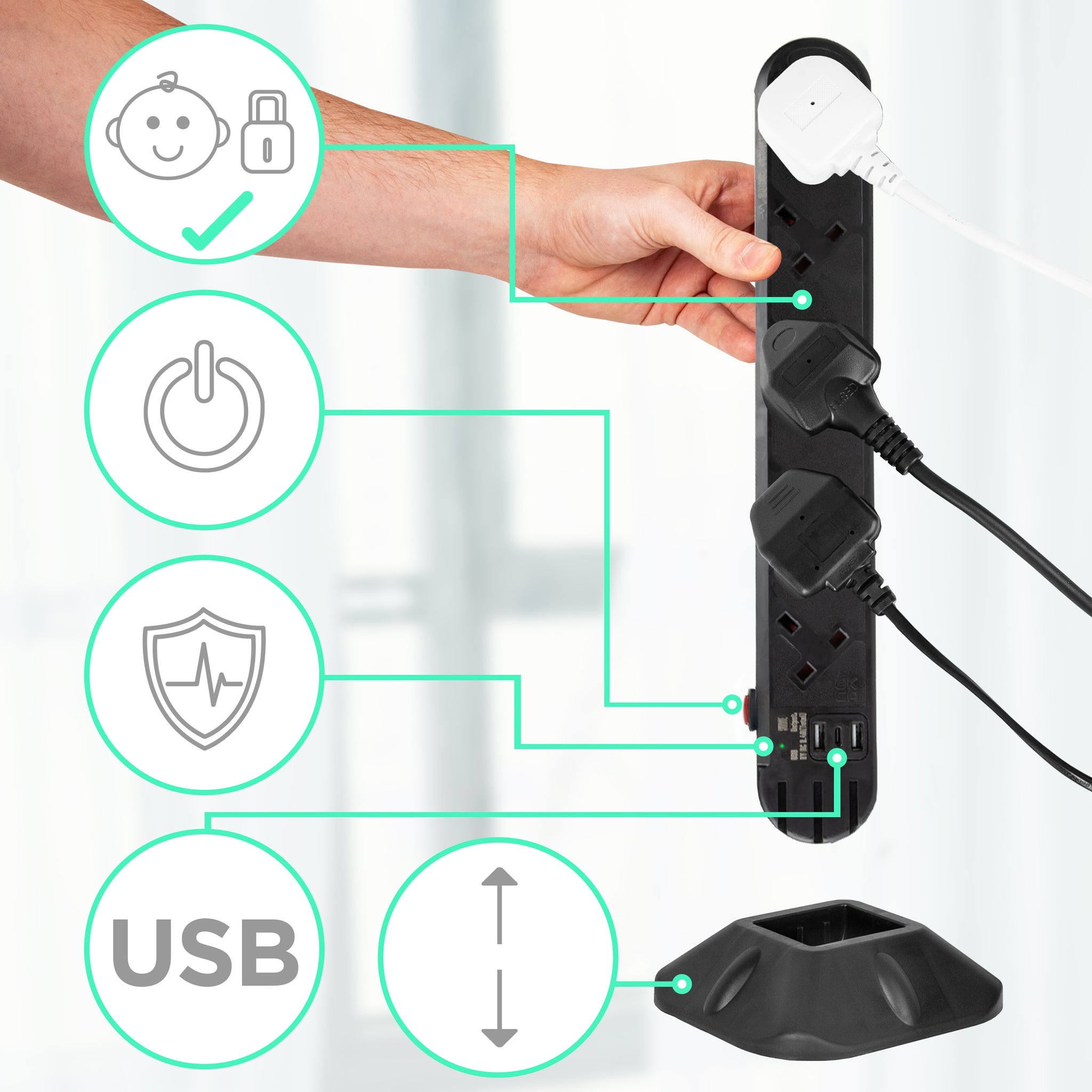 Duronic ST10B extension lead 10 socket multiplug with child safety lock, on switch, surge protected and usb sockets with stand