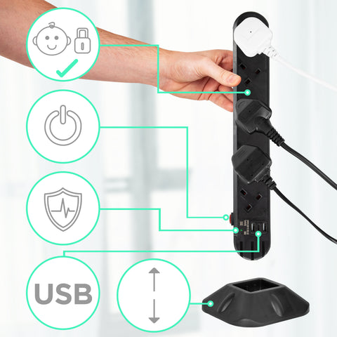 Duronic ST10B extension lead 10 socket multiplug with child safety lock, on switch, surge protected and usb sockets with stand