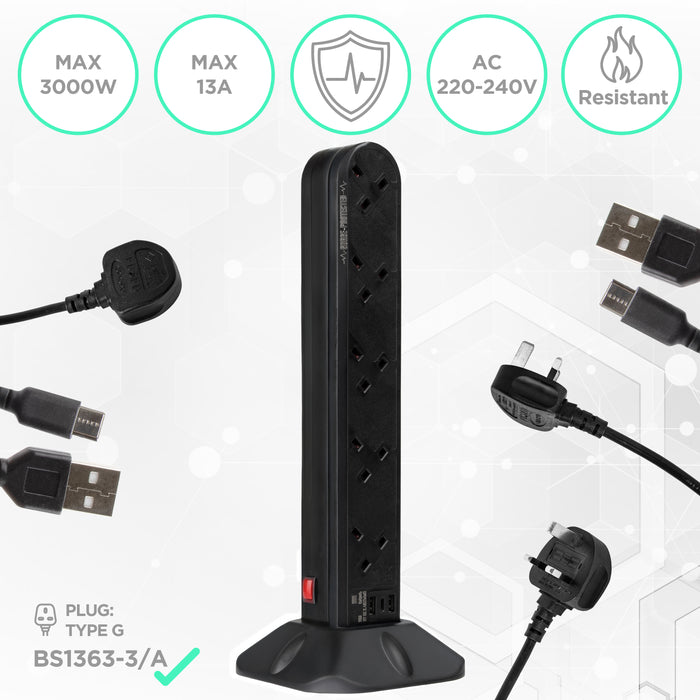 Duronic ST10B surge tower max 3000W wattage surge protected and flame resistant tower extension lead