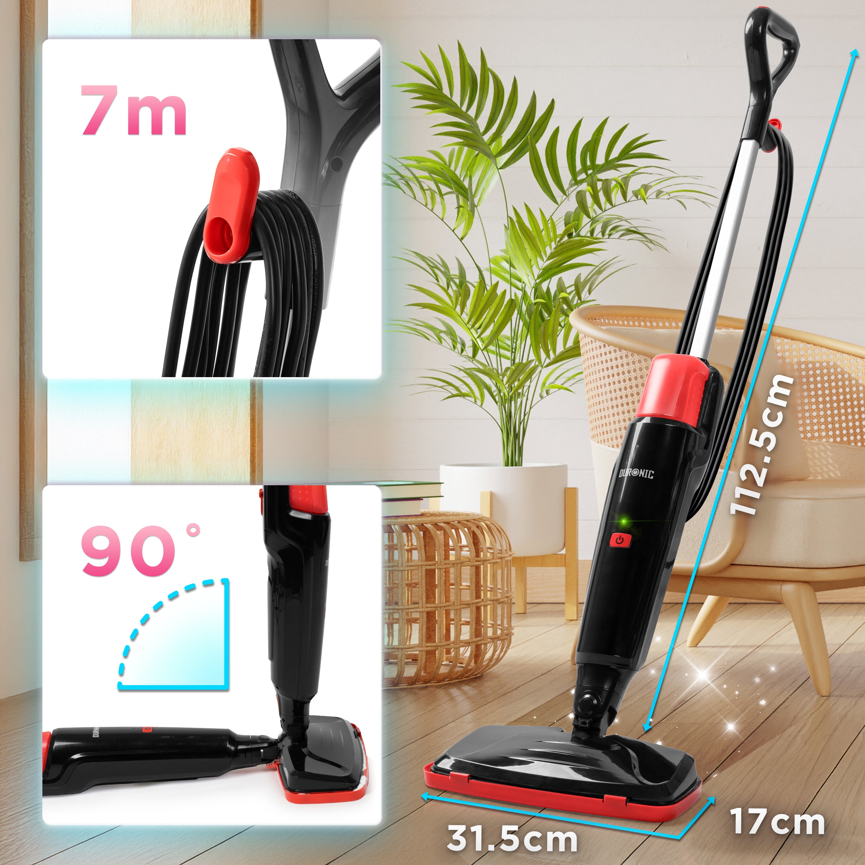 Duronic STM15 BK Steam Mops with product dimension and cord dimension